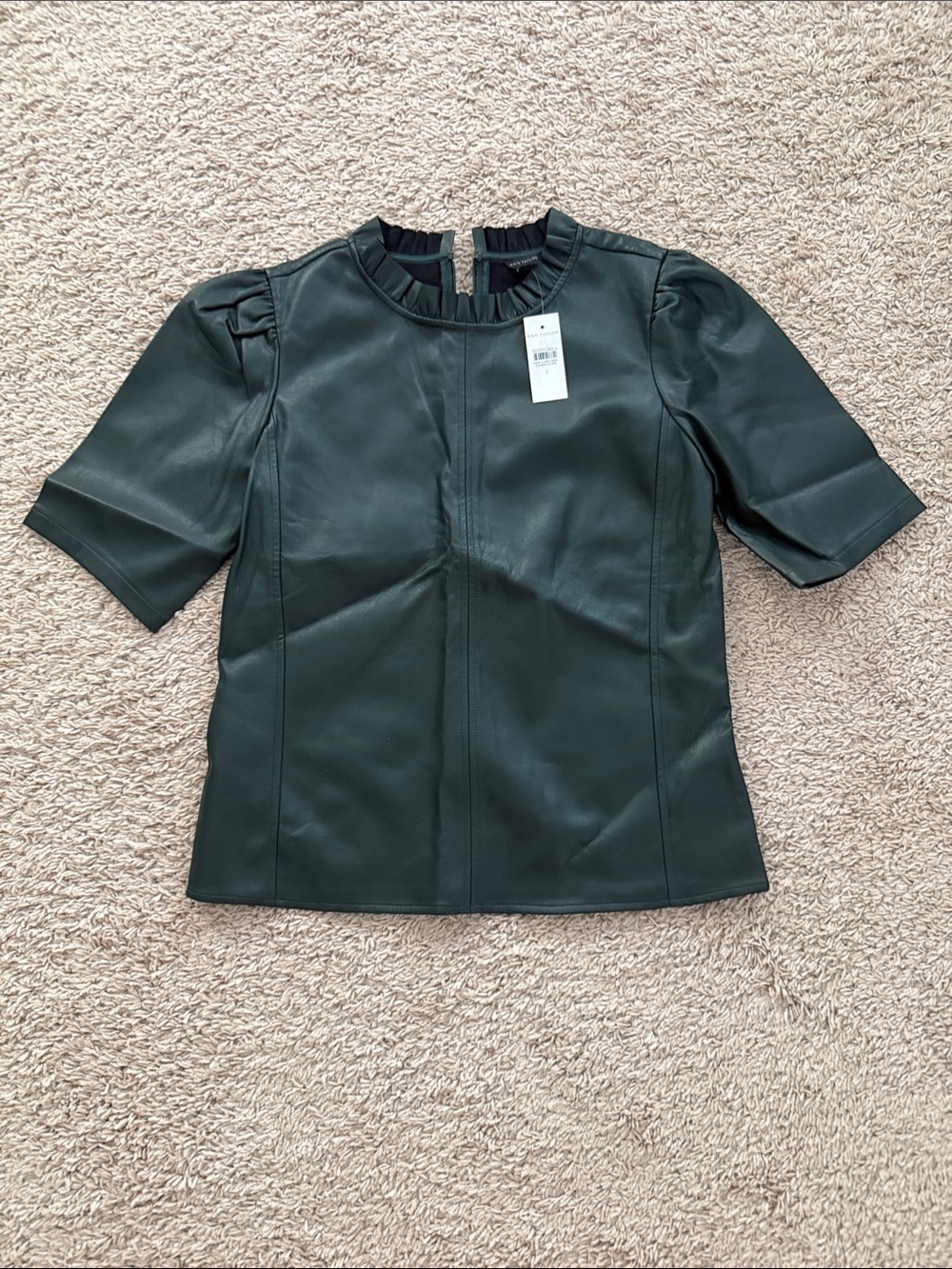 Ann Taylor Dark Green Faux Leather Ruffle-Neck Short Sleeve Top